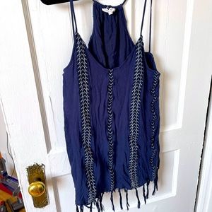 Cute Boho Navy Blue Tasseled Shirt Dress